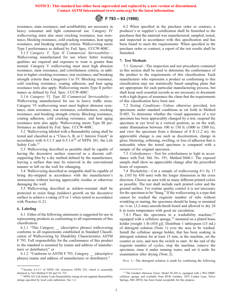 ASTM F793-93(1998) - Standard Classification of Wallcovering by Durability Characteristics