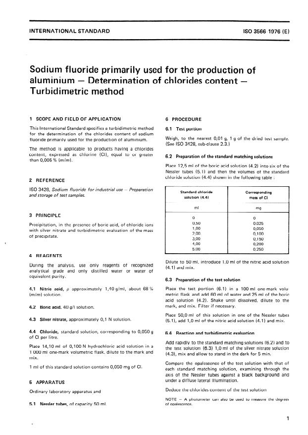 ISO 3566:1976 - Sodium fluoride primarily used for the production of aluminium -- Determination of chlorides content -- Turbidimetric method