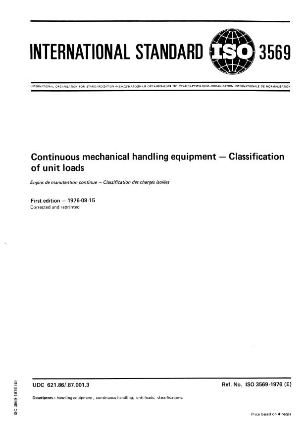 ISO 3569:1976 - Continuous mechanical handling equipment -- Classification of unit loads