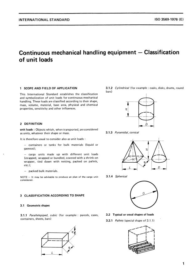 ISO 3569:1976 - Continuous mechanical handling equipment -- Classification of unit loads