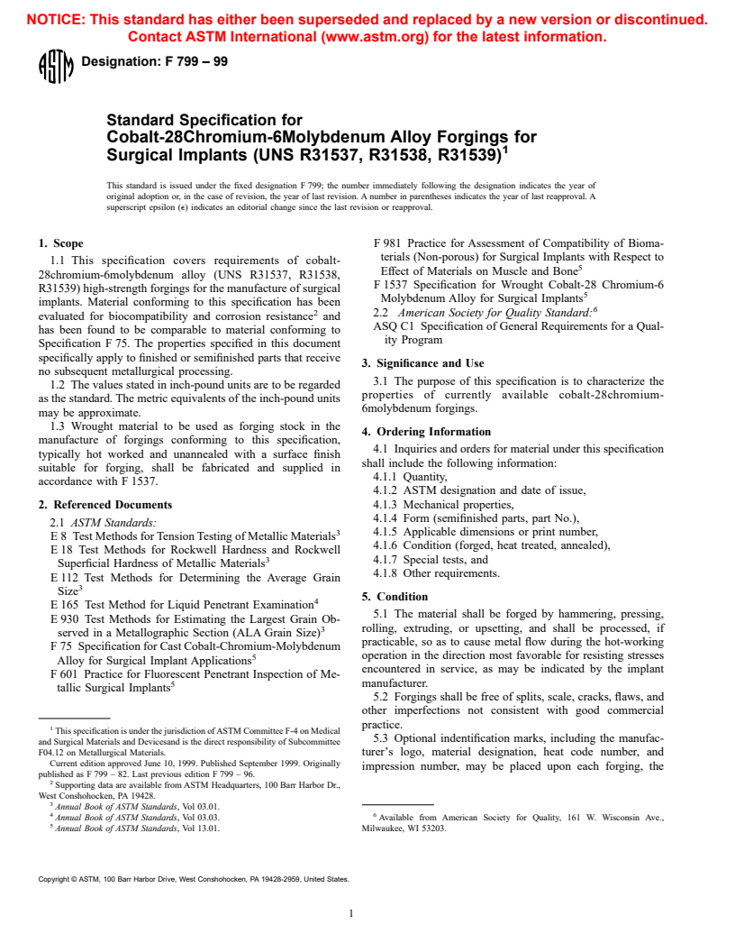 ASTM F799-99 - Standard Specification for Cobalt-28 Chromium-6 Molybdenum Alloy Forgings for Surgical Implants (UNS R31537, R31538, R31539)