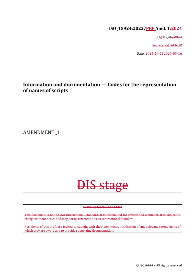 REDLINE ISO 15924:2022/PRF Amd 1 - Information and documentation — Codes for the representation of names of scripts — Amendment 1
Released:16. 05. 2025