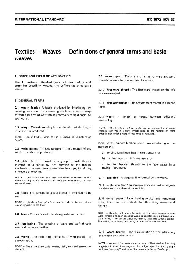ISO 3572:1976 - Textiles -- Weaves -- Definitions of general terms and basic weaves