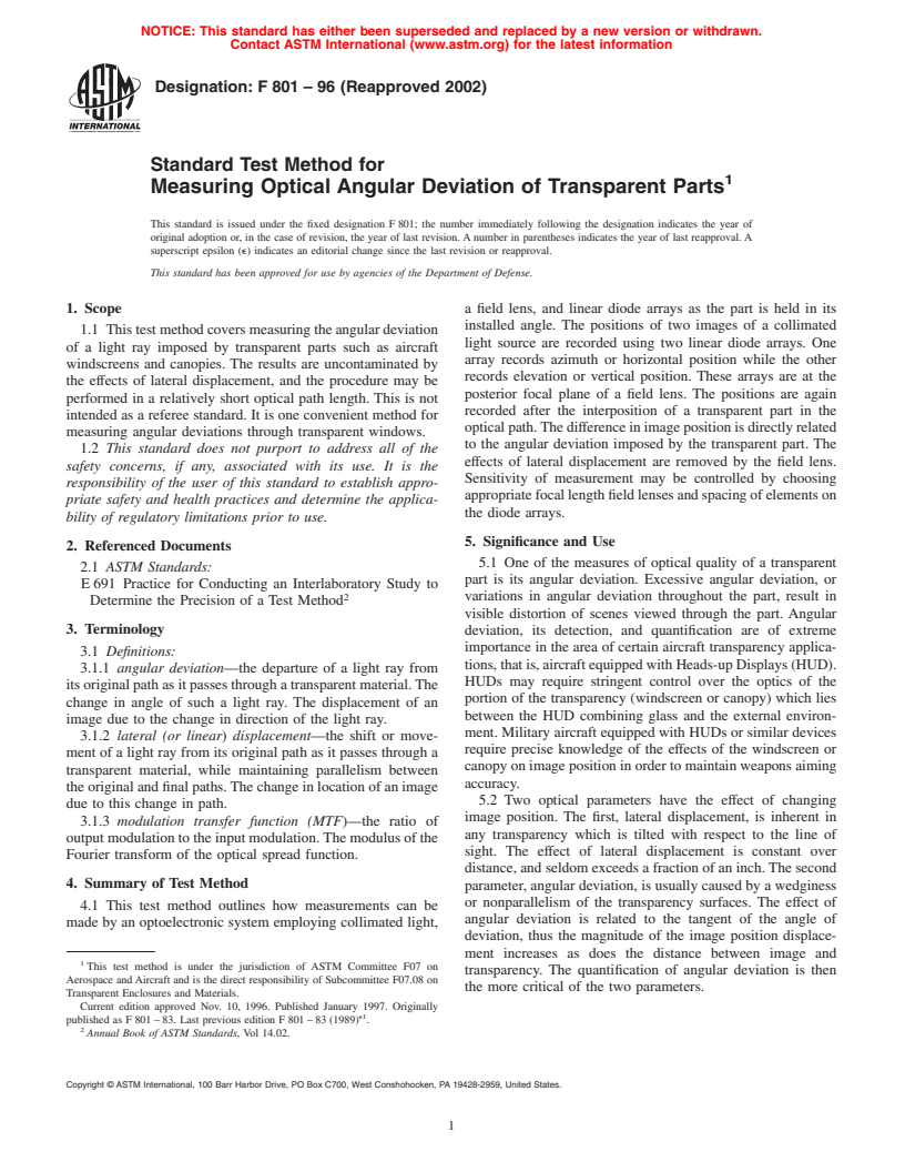 ASTM F801-96(2002) - Standard Test Method for Measuring Optical Angular Deviation of Transparent Parts