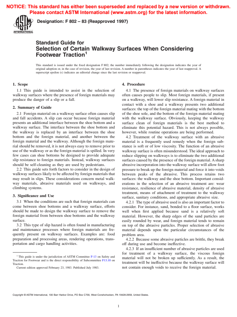 ASTM F802-83(1997) - Standard Guide for Selection of Certain Walkway Surfaces When Considering Footwear Traction