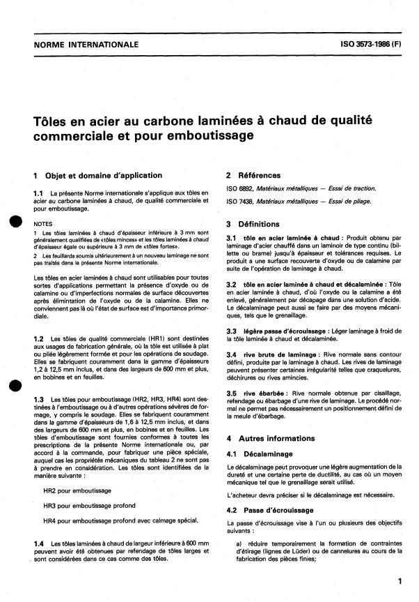 ISO 3573:1986 - Tôles en acier au carbone laminées a chaud de qualité commerciale et pour emboutissage