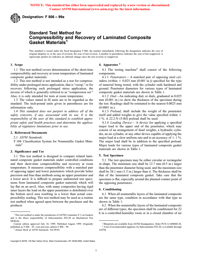 ASTM F806-99a - Standard Test Method for Compressibility and Recovery of Laminated Composite Gasket Materials