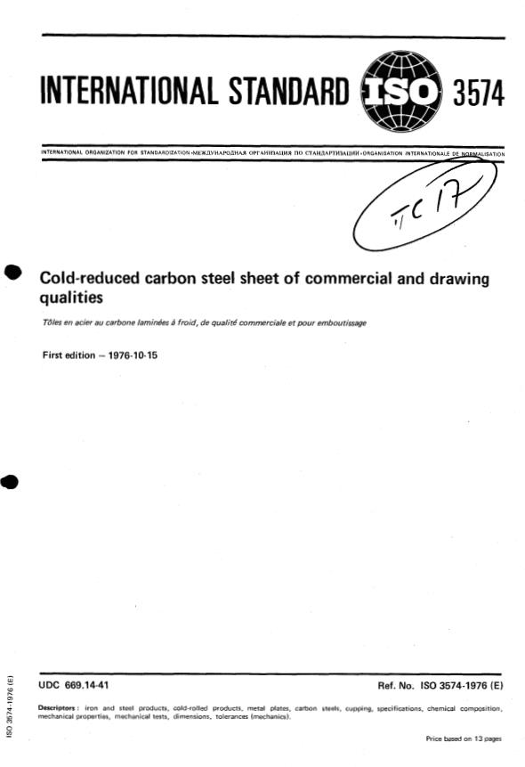 ISO 3574:1976 - Cold-reduced carbon steel sheet of commercial and drawing qualities