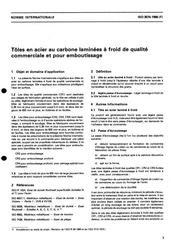 ISO 3574:1986 - Tôles en acier au carbone laminées a froid de qualité commerciale et pour emboutissage