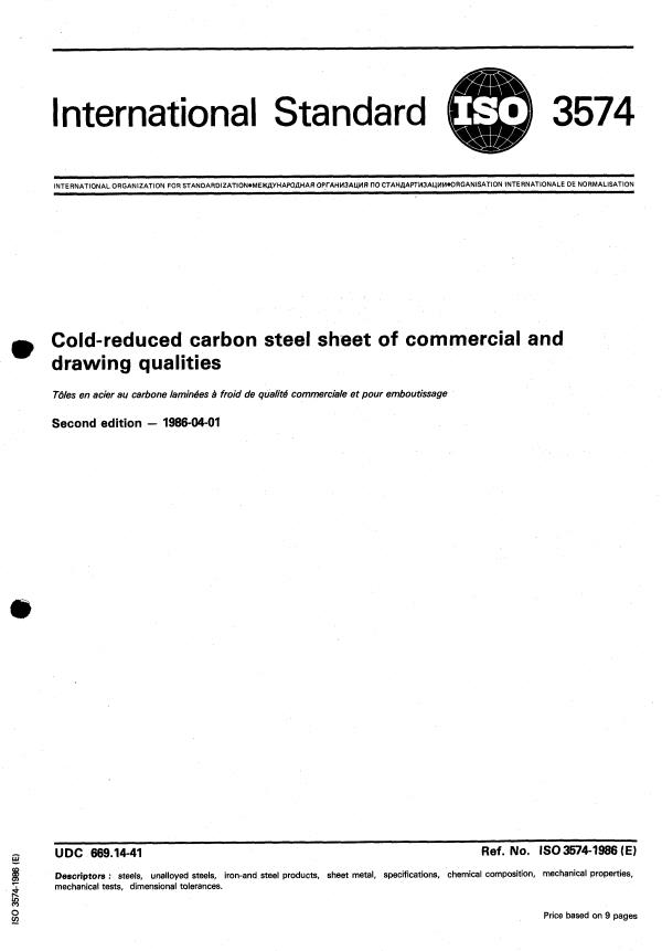 ISO 3574:1986 - Cold-reduced carbon steel sheet of commercial and drawing qualities