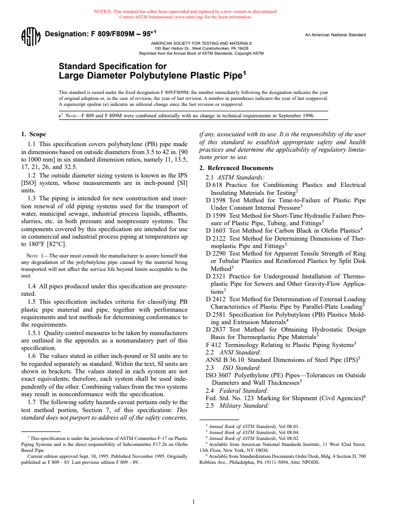 ASTM F809/F809M-95e1 - Standard Specification for Large Diameter Polybutylene Plastic Pipe (Withdrawn 2006)