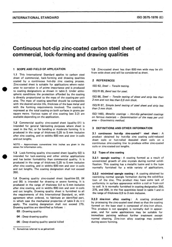 ISO 3575:1976 - Continuous hot-dip zinc-coated carbon steel sheet of commercial, lock-forming and drawing qualities