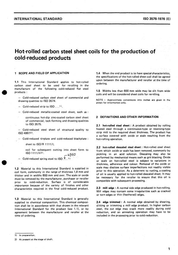 ISO 3576:1976 - Hot-rolled carbon steel sheet coils for the production ...