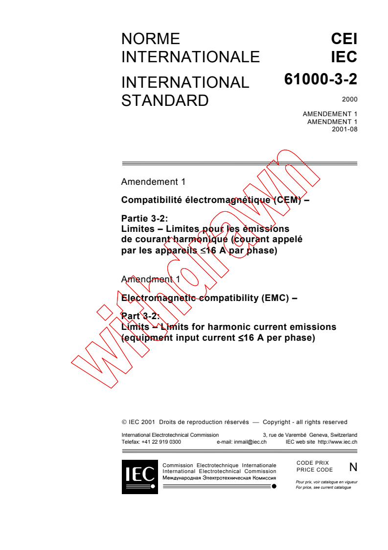 IEC 61000-3-2:2000/AMD1:2001 - Amendment 1 - Electromagnetic compatibility (EMC) - Part 3-2: Limits - Limits for harmonic current emissions (equipment input current <= 16 A per phase)
Released:8/28/2001
Isbn:2831859603
