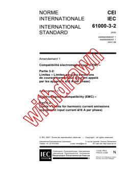 IEC 61000-3-2:2000/AMD1:2001 - Amendment 1 - Electromagnetic compatibility (EMC) - Part 3-2: Limits - Limits for harmonic current emissions (equipment input current <= 16 A per phase)
Released:8/28/2001
Isbn:2831859603 - Page 1 preview