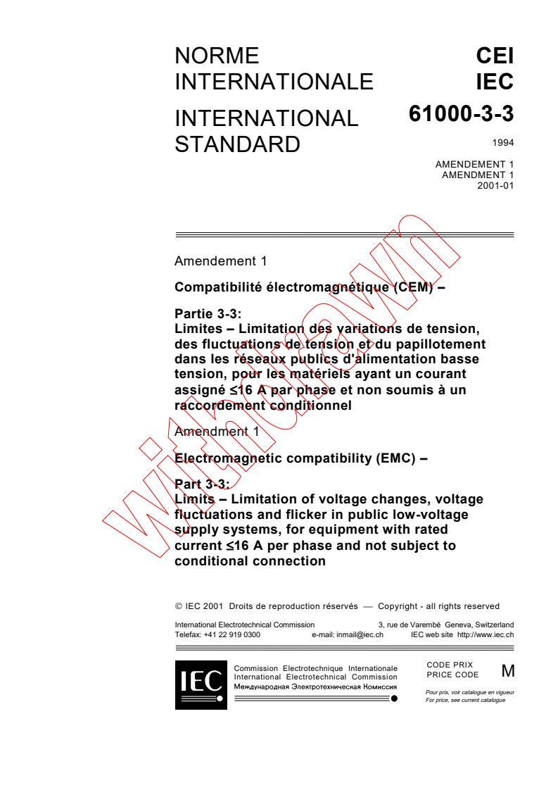 IEC 61000-3-3:1994/AMD1:2001 - Amendment 1 - Electromagnetic compatibility (EMC) - Part 3: Limits - Section 3: Limitation of voltage fluctuations and flicker in low-voltage supply systems for equipment with rated current ≤ 16 A
Released:1/30/2001
Isbn:2831856051