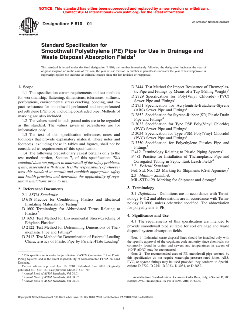 ASTM F810-01 - Standard Specification for Smoothwall Polyethylene (PE) Pipe for Use in Drainage and Waste Disposal Absorption Fields