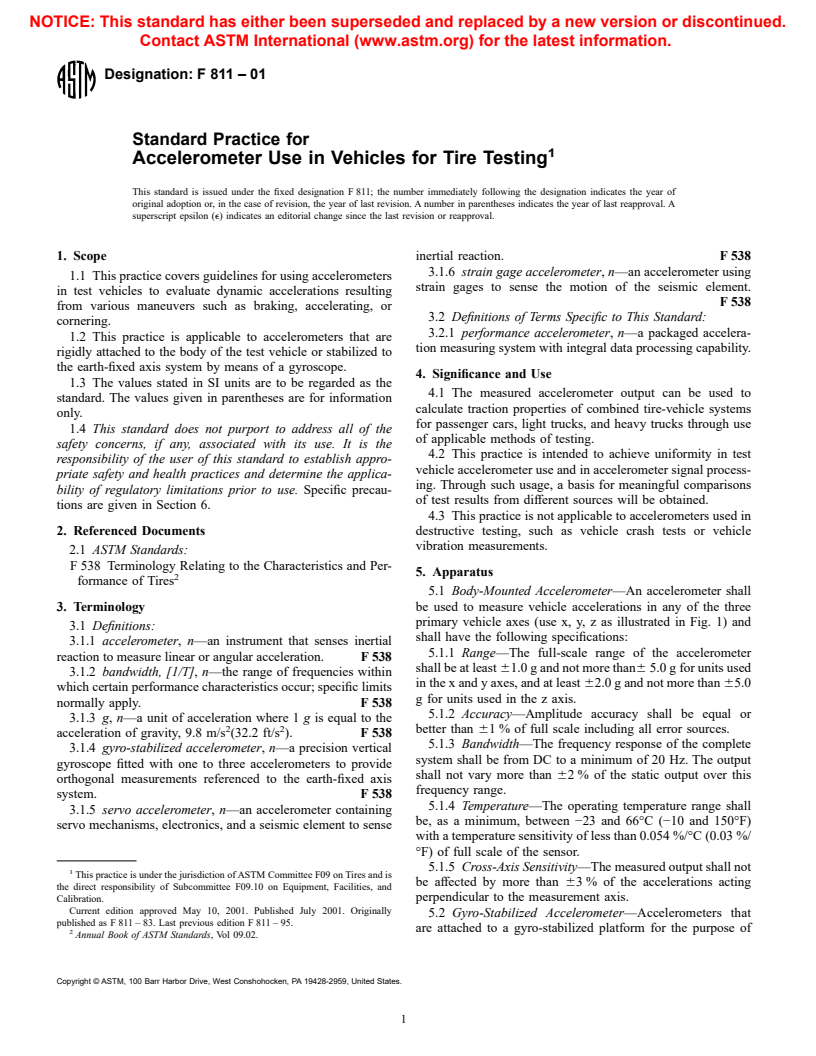 ASTM F811-01 - Standard Practice for Accelerometer Use in Vehicles for Tire Testing