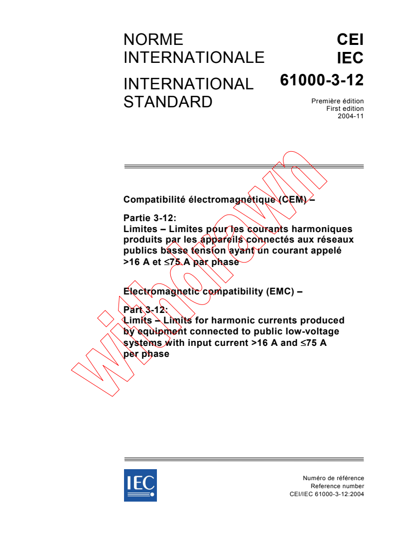 IEC 61000-3-12:2004 - Electromagnetic compatibility (EMC) - Part 3-12: Limits - Limits for harmonic currents produced by equipment connected to public low-voltage systems with input current > 16 A and ≤ 75 A per phase
Released:11/29/2004
Isbn:2831877377