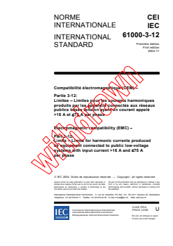 IEC 61000-3-12:2004 - Electromagnetic compatibility (EMC) - Part 3-12: Limits - Limits for harmonic currents produced by equipment connected to public low-voltage systems with input current > 16 A and ≤ 75 A per phase
Released:11/29/2004
Isbn:2831877377 - Page 3 preview