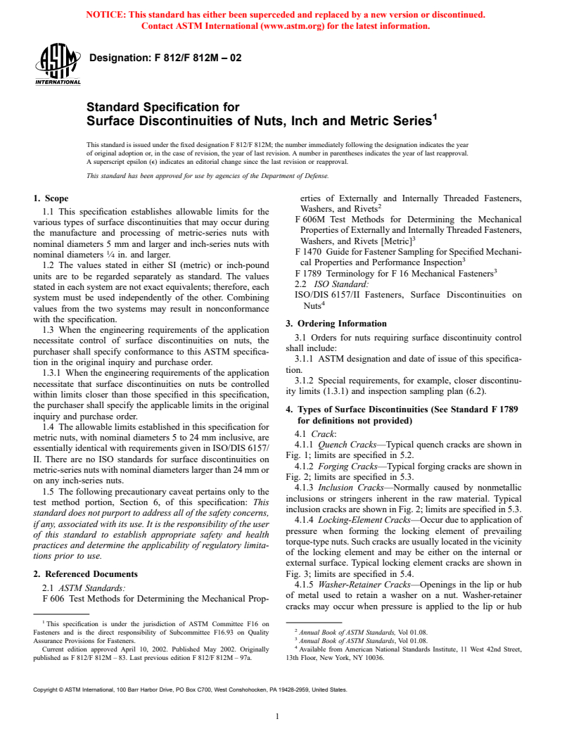 ASTM F812/F812M-02 - Standard Specification for Surface Discontinuities of Nuts, Inch and Metric Series