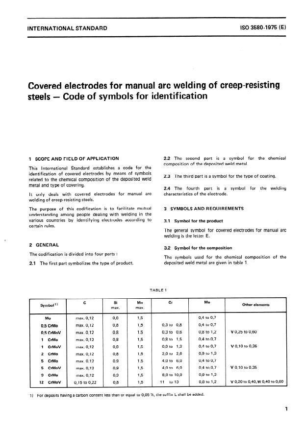 ISO 3580:1975 - Covered electrodes for manual arc welding of creep-resisting steels -- Code of symbols for identification