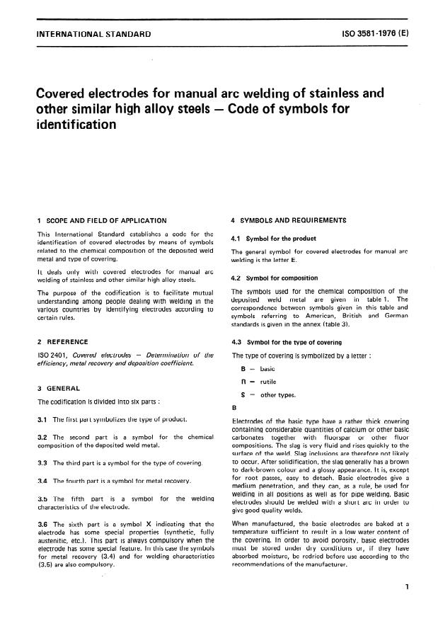 ISO 3581:1976 - Covered electrodes for manual arc welding of stainless and other similar high alloy steels -- Code of symbols for identification