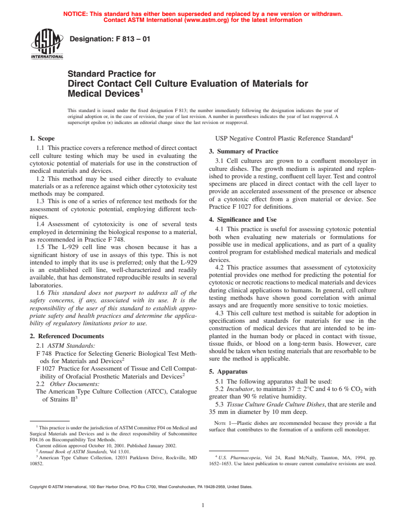 ASTM F813-01 - Standard Practice for Direct Contact Cell Culture Evaluation of Materials for Medical Devices