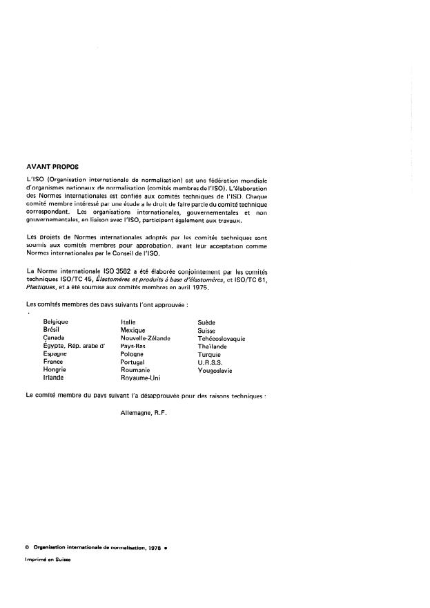 ISO 3582:1978 ISO 3582:1978 - Matieres alvéolaires a base de plastiques ou de caoutchoucs -- Méthode de laboratoire pour la détermination du comportement au feu de petites éprouvettes soumises, en position horizontale, a une flamme de faible intensité - Page 2 preview