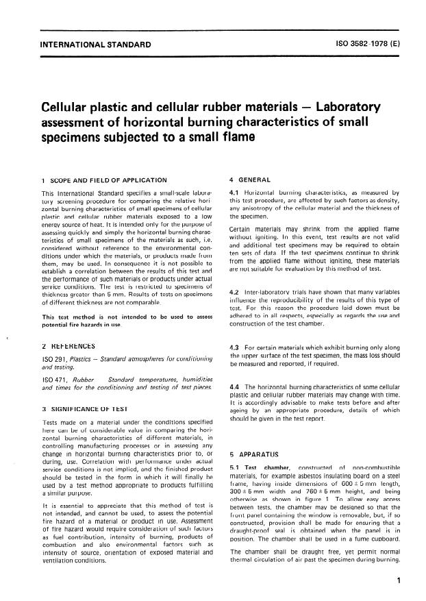 ISO 3582:1978 - Cellular plastic and cellular rubber materials -- Laboratory assessment of horizontal burning characteristics of small specimens subjected to a small flame