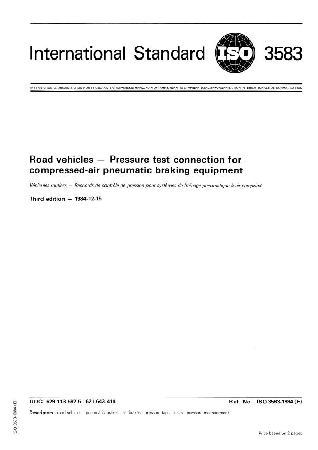 ISO 3583:1984 - Road vehicles -- Pressure test connection for compressed-air pneumatic braking equipment