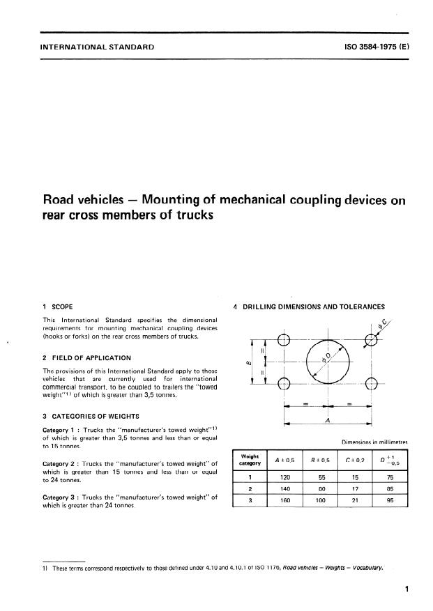 ISO 3584:1975 - Road vehicles -- Mounting of mechanical coupling devices on rear cross members of trucks