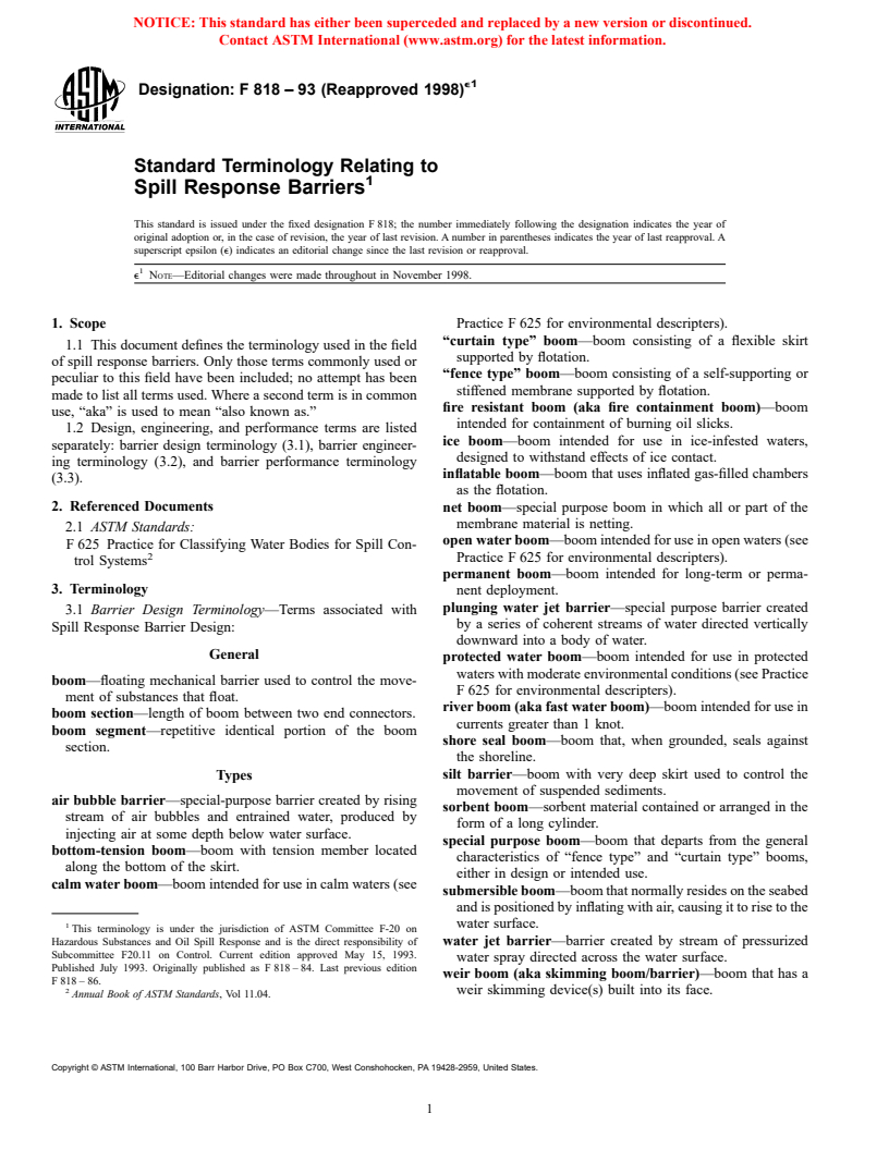 ASTM F818-93(1998)e1 - Standard Terminology Relating to Spill Response Barriers