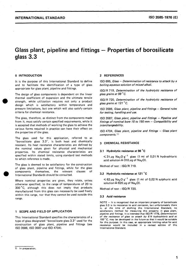 ISO 3585:1976 - Glass plant, pipeline and fittings -- Properties of borosilicate glass 3.3