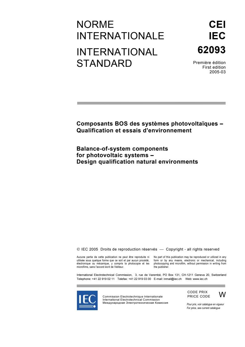 IEC 62093:2005 - Balance-of-system components for photovoltaic systems - Design qualification natural environments