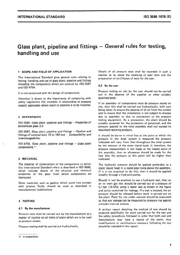 ISO 3586:1976 - Glass plant, pipeline and fittings -- General rules for testing, handling and use