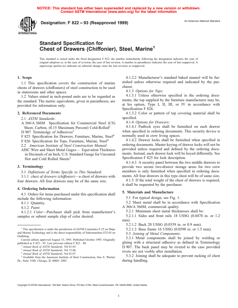 ASTM F822-93(1999) - Standard Specification for Chest of Drawers (Chiffonier), Steel, Marine