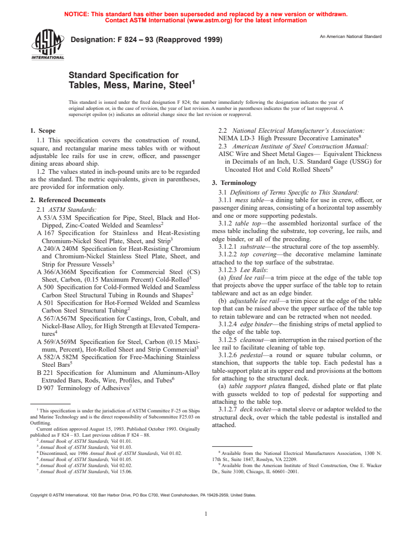 ASTM F824-93(1999) - Standard Specification for Tables, Mess, Marine, Steel