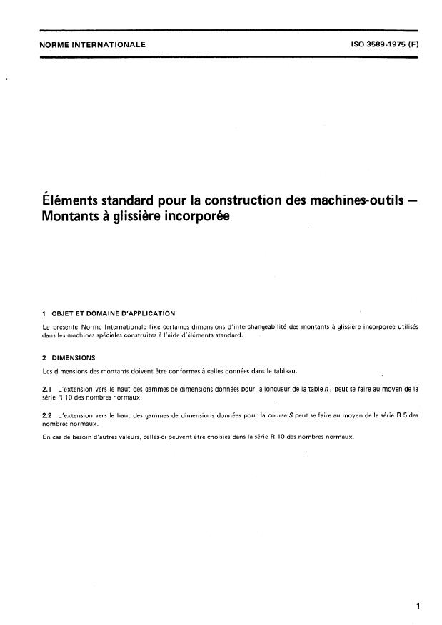 ISO 3589:1975 - Éléments standard pour la construction des machines-outils -- Montants a glissiere incorporée