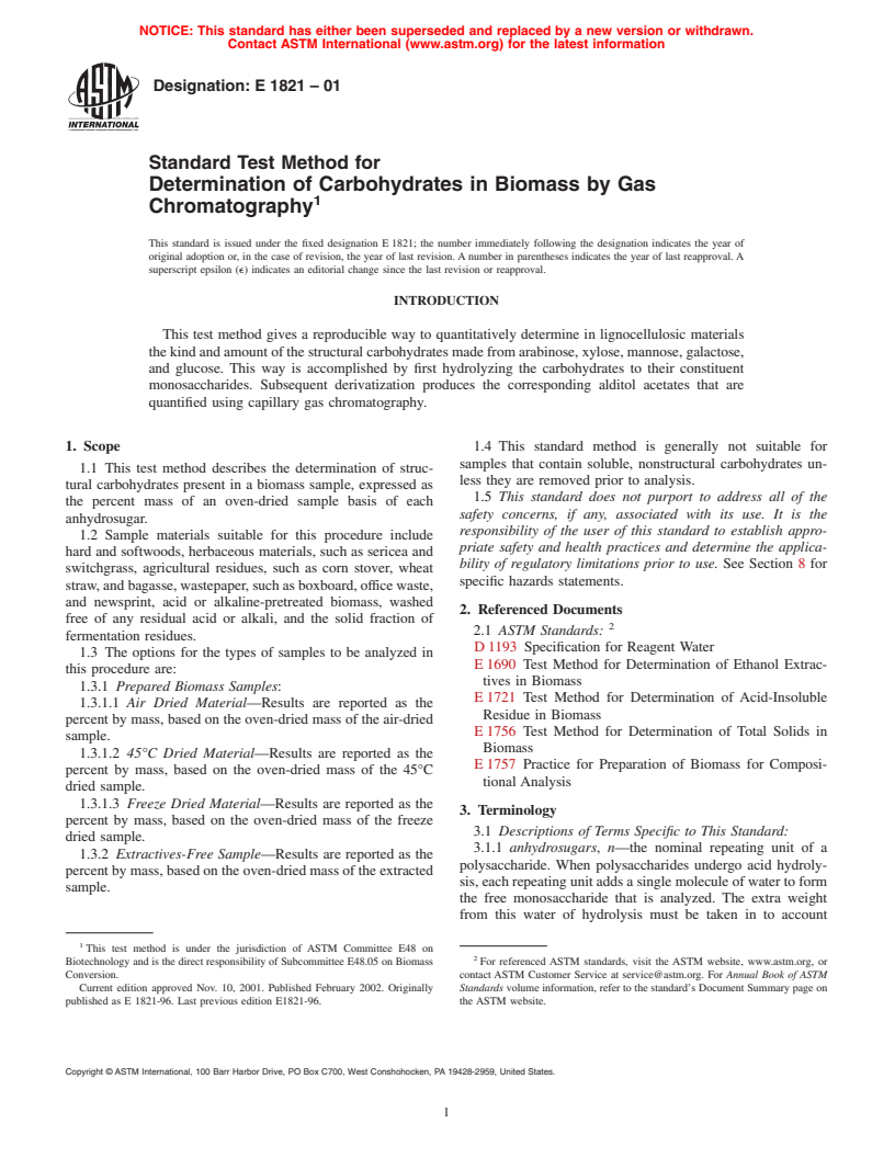 ASTM E1821-01 - Standard Test Method for Determination of Carbohydrates in Biomass by Gas Chromatography