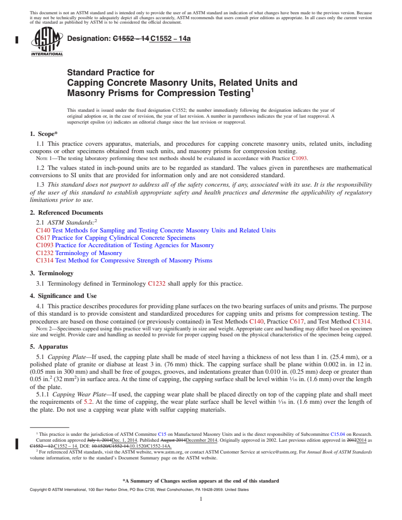 REDLINE ASTM C1552-14a - Standard Practice for Capping Concrete Masonry Units, Related Units and Masonry Prisms  for Compression Testing