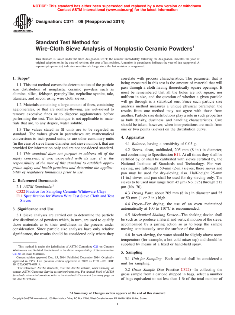 ASTM C371-09(2014) - Standard Test Method for  Wire-Cloth Sieve Analysis of Nonplastic Ceramic Powders