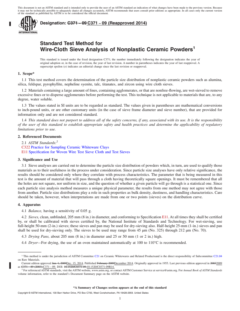 REDLINE ASTM C371-09(2014) - Standard Test Method for  Wire-Cloth Sieve Analysis of Nonplastic Ceramic Powders