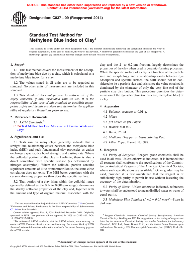 ASTM C837-09(2014) - Standard Test Method for  Methylene Blue Index of Clay