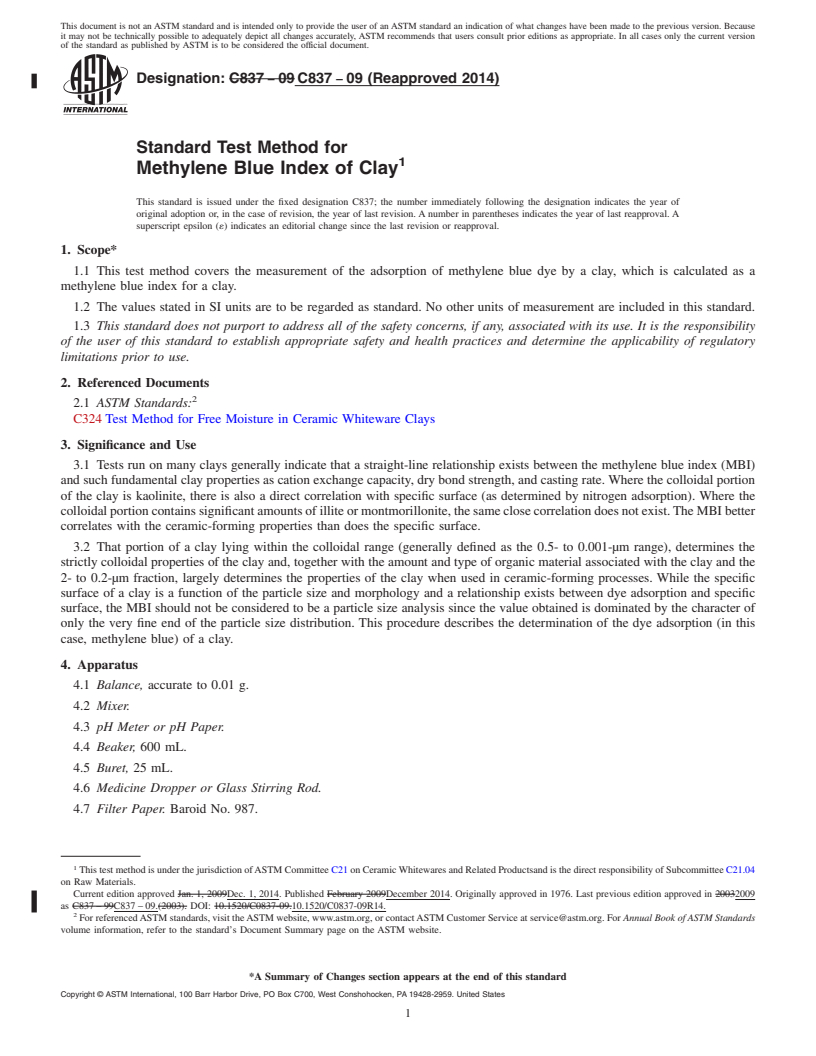 REDLINE ASTM C837-09(2014) - Standard Test Method for  Methylene Blue Index of Clay