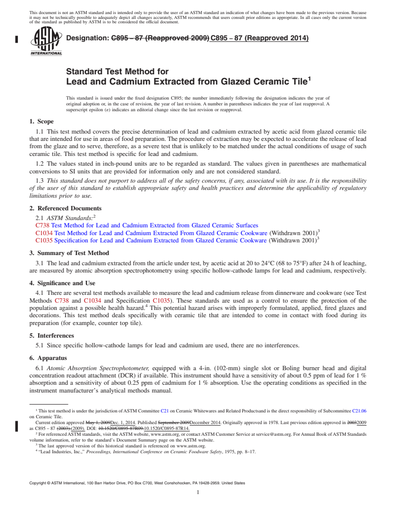 REDLINE ASTM C895-87(2014) - Standard Test Method for  Lead and Cadmium Extracted from Glazed Ceramic Tile