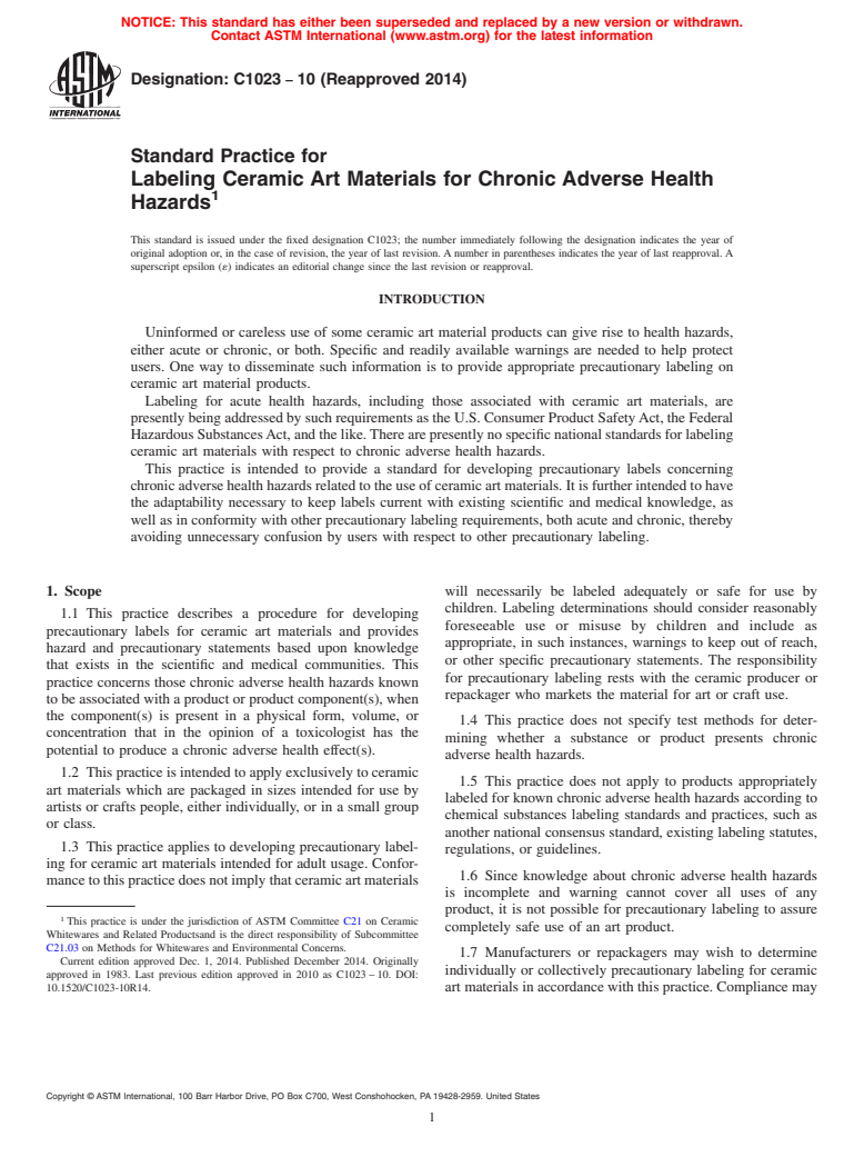 ASTM C1023-10(2014) - Standard Practice for  Labeling Ceramic Art Materials for Chronic Adverse Health Hazards