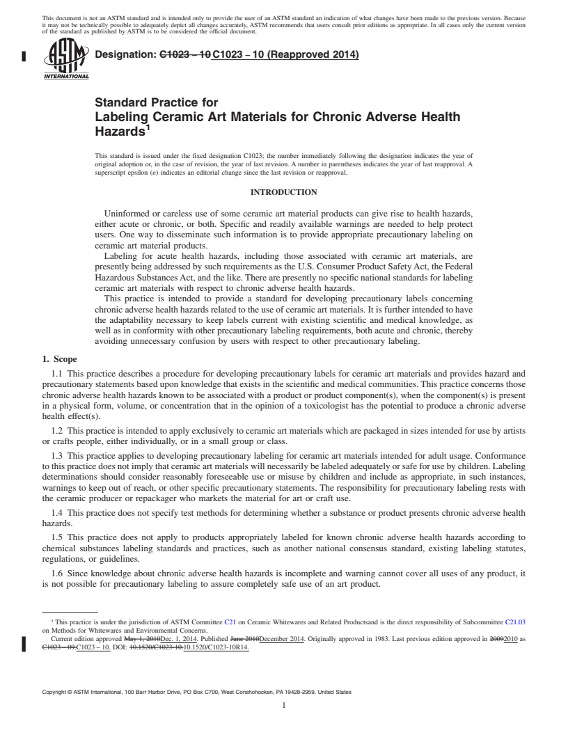 REDLINE ASTM C1023-10(2014) - Standard Practice for  Labeling Ceramic Art Materials for Chronic Adverse Health Hazards