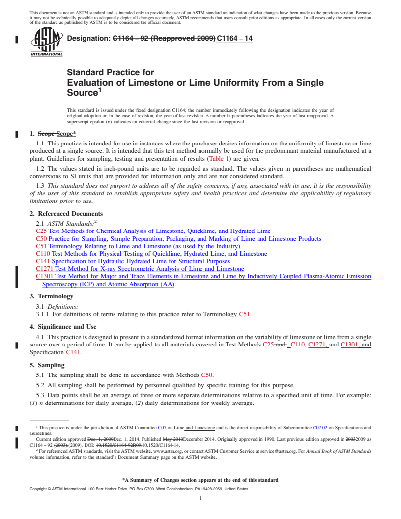 REDLINE ASTM C1164-14 - Standard Practice for  Evaluation of Limestone or Lime Uniformity From a Single Source