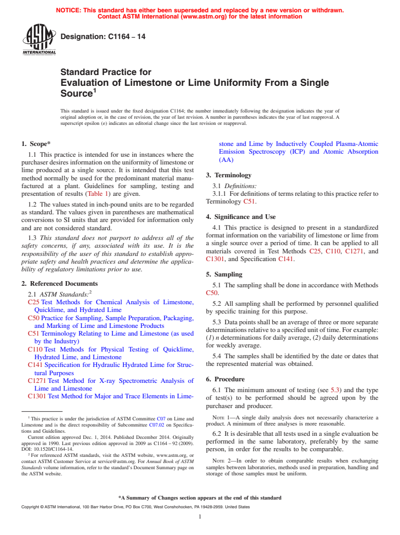 ASTM C1164-14 - Standard Practice for  Evaluation of Limestone or Lime Uniformity From a Single Source